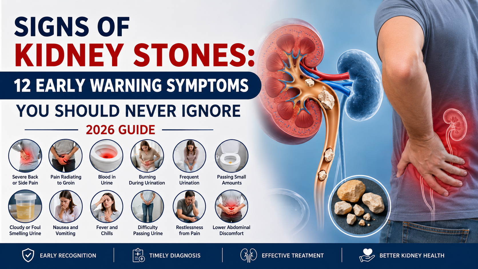 Signs of kidney stones showing 12 early warning symptoms, causes, pain areas, and urinary health indicators.